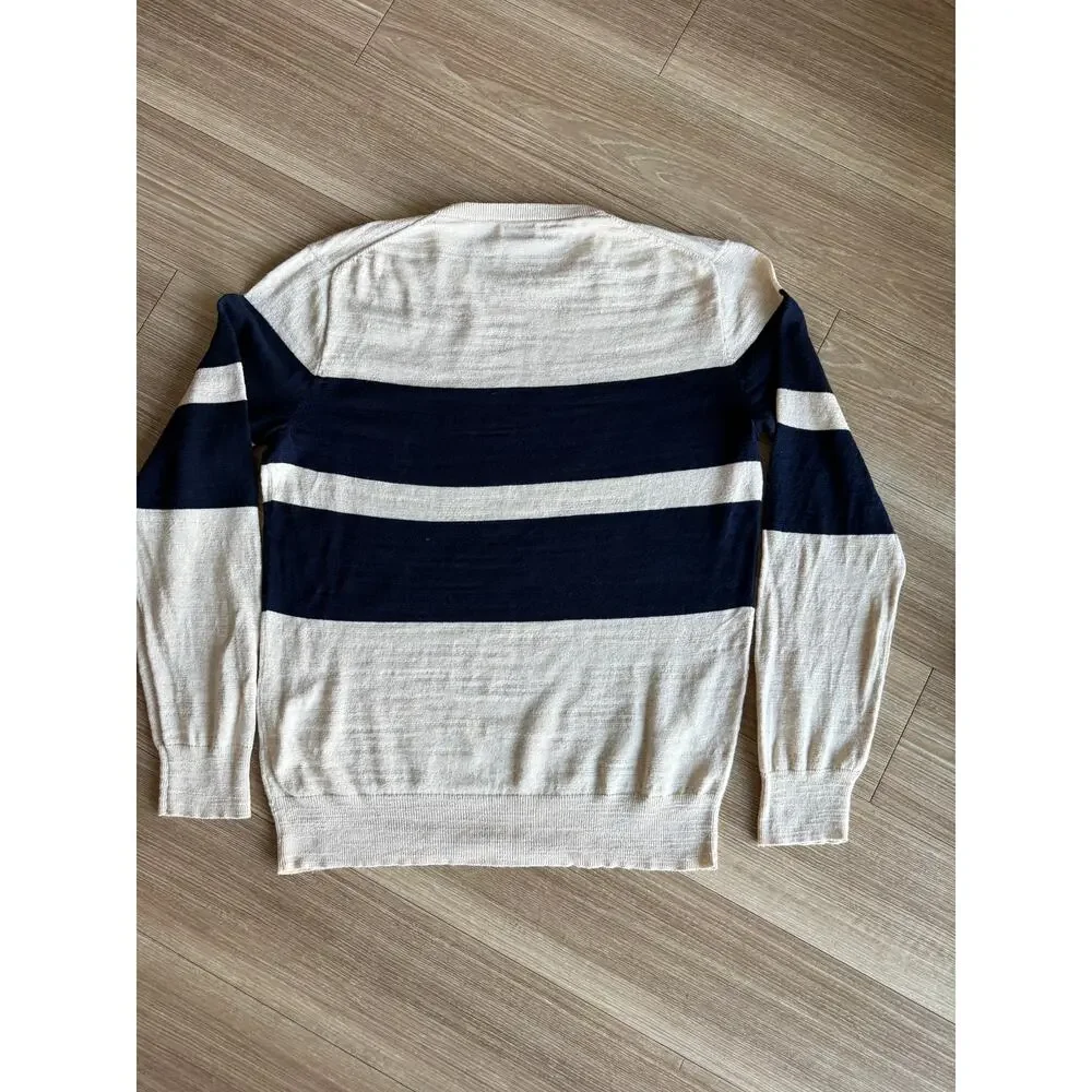 J.Crew Men L Slim Cream Navy Blue Striped 100% Cotton Crewneck Sweater